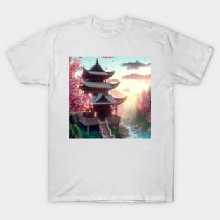 Ancient Temple among the Sakura Trees and Forest Rivers T-Shirt